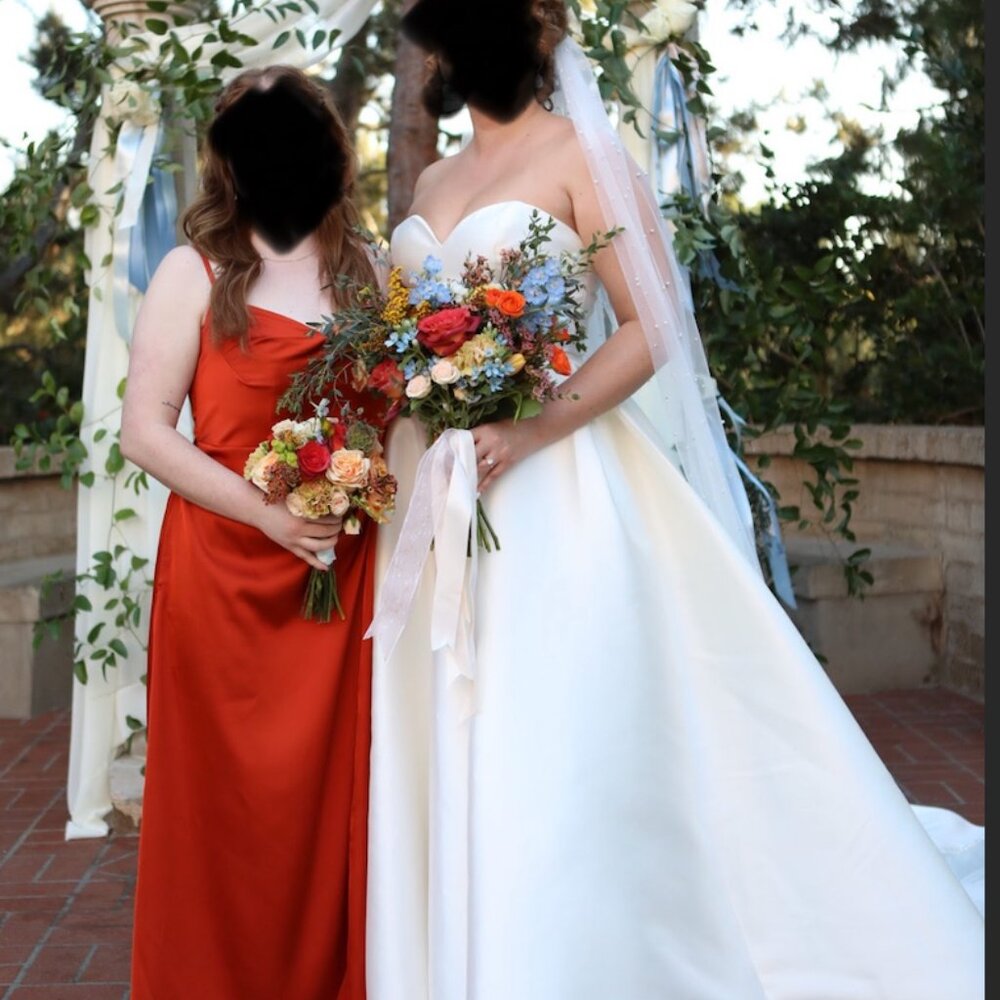 Azazie bridesmaid (Brielled) paprika size A10, hemmed for 5 ft.